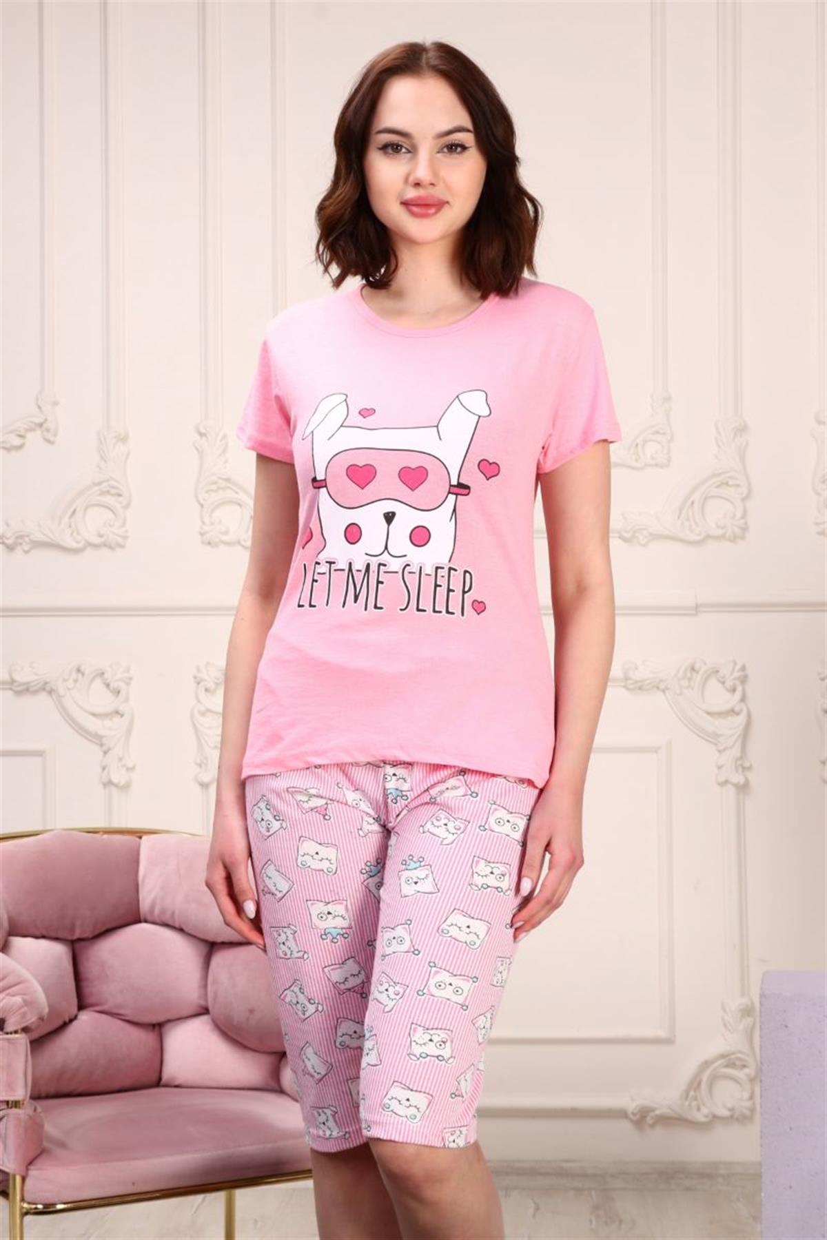 Pijama Takımı Kadın Köpek Baskılı Kapri Şortlu Pijama Takımı Pembe