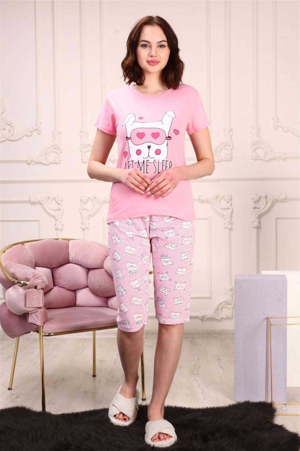Pijama Takımı Kadın Köpek Baskılı Kapri Şortlu Pijama Takımı Pembe