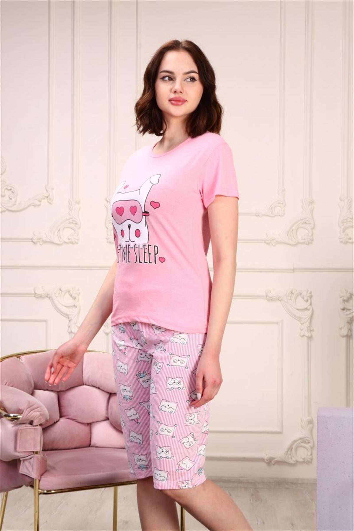 Pijama Takımı Kadın Köpek Baskılı Kapri Şortlu Pijama Takımı Pembe