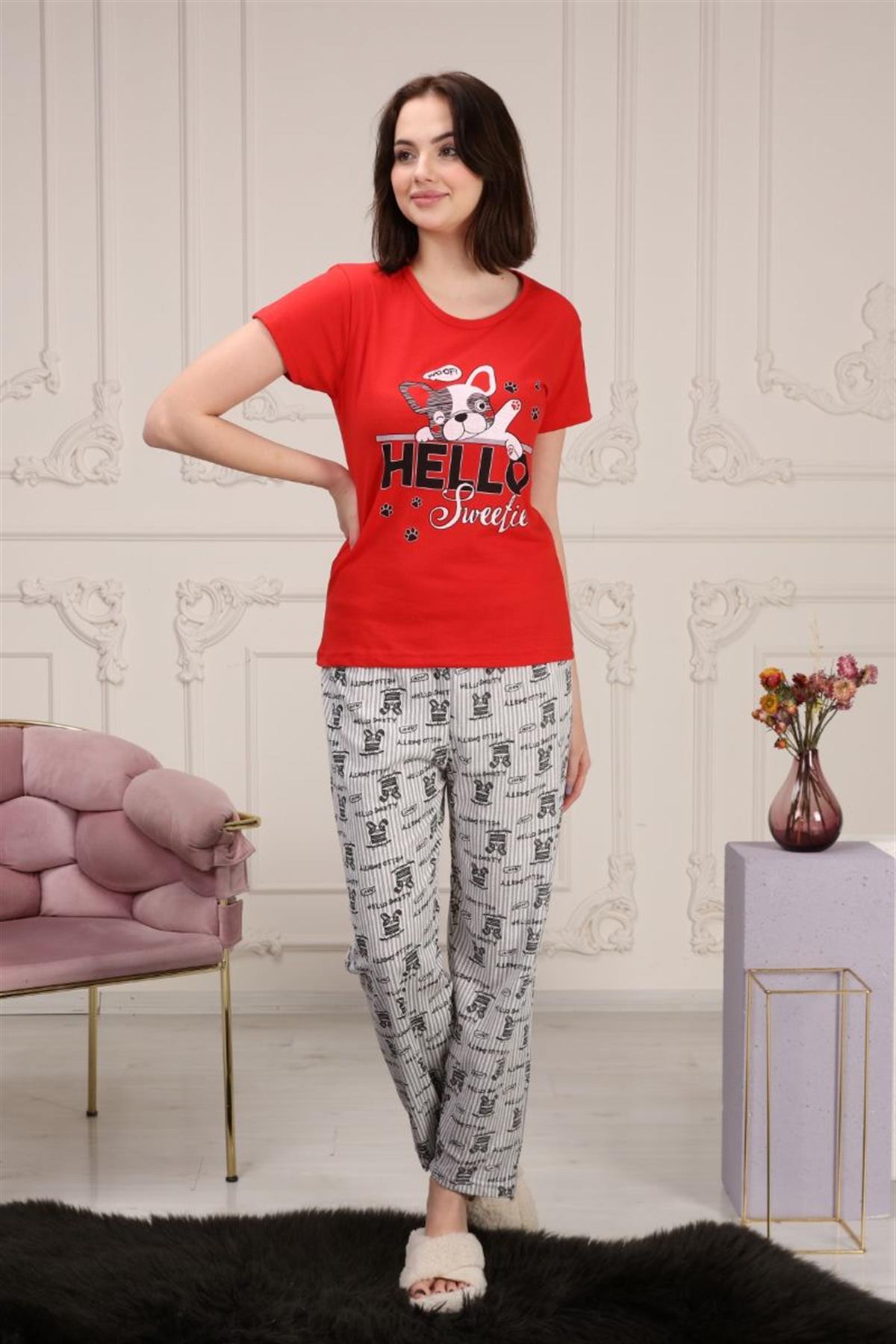Pijama Takımı Kadın Köpek Baskılı Pijama Takımı Kırmızı