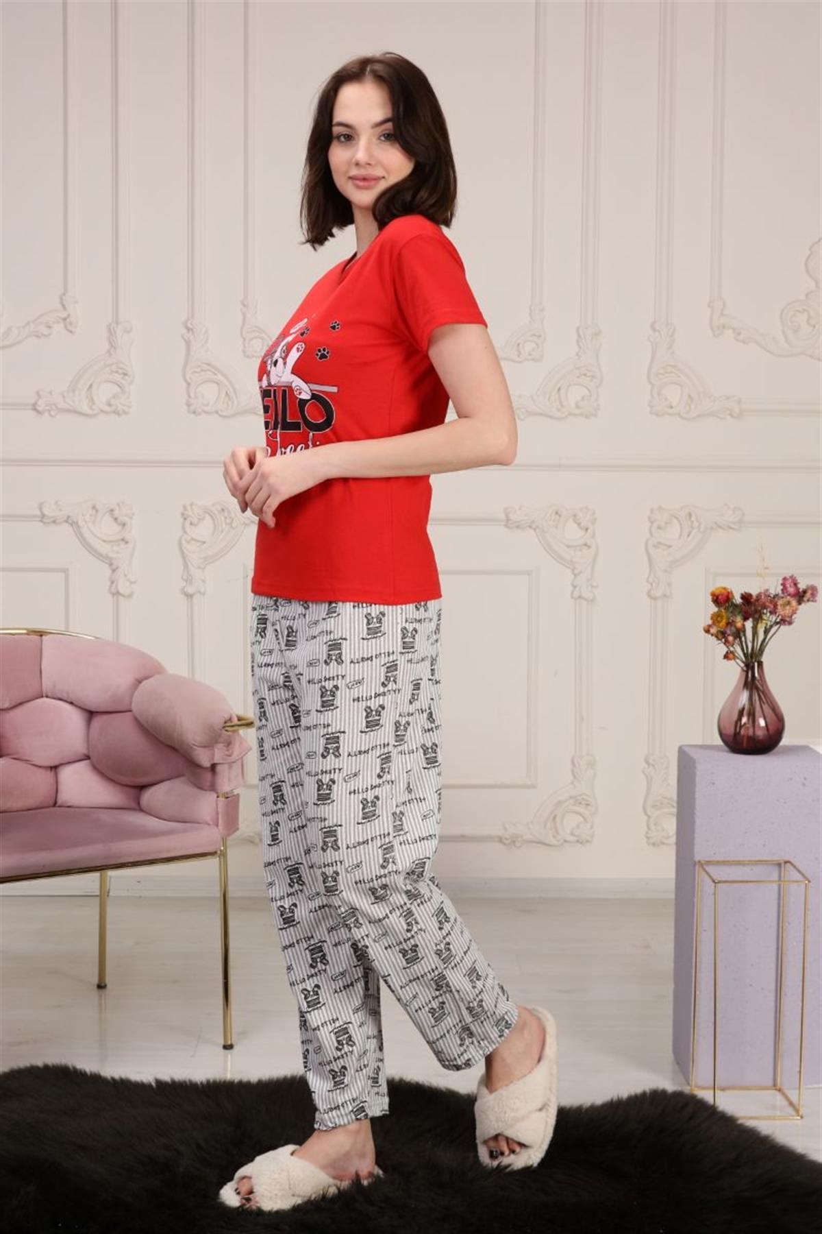 Pijama Takımı Kadın Köpek Baskılı Pijama Takımı Kırmızı