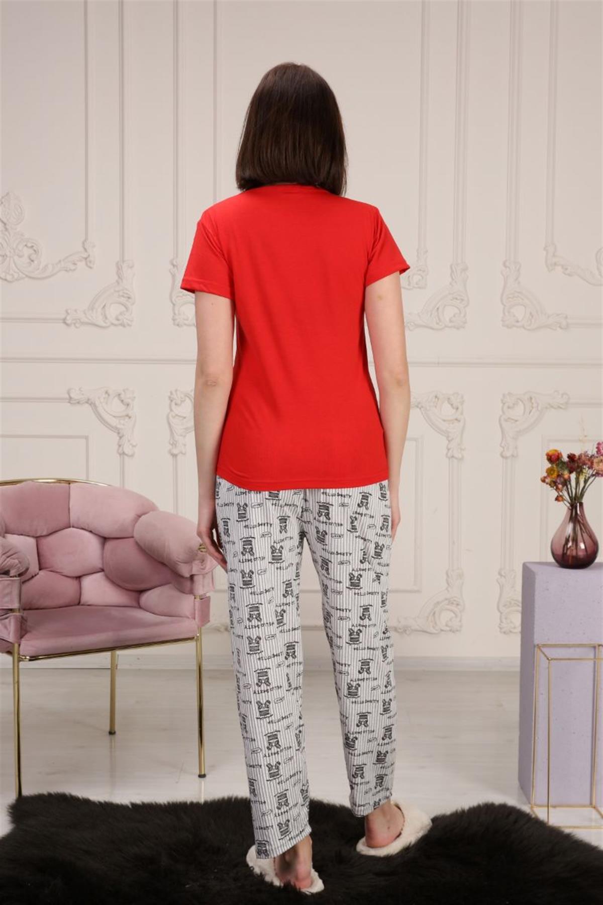 Pijama Takımı Kadın Köpek Baskılı Pijama Takımı Kırmızı