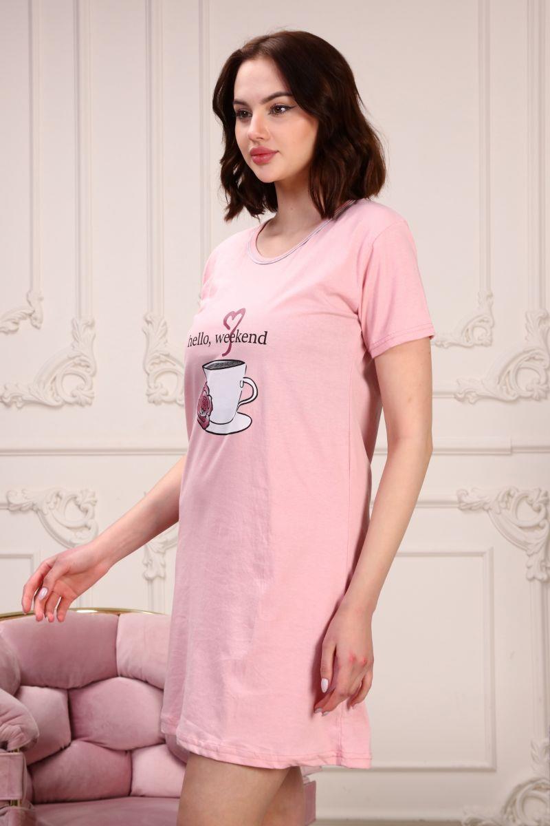 Gecelik Kadın Kupa Baskılı Kısa Kol Gecelik Pudra