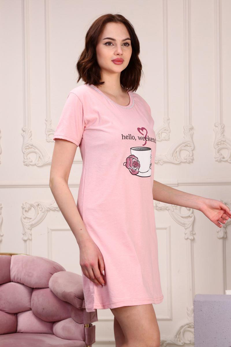 Gecelik Kadın Kupa Baskılı Kısa Kol Gecelik Pudra