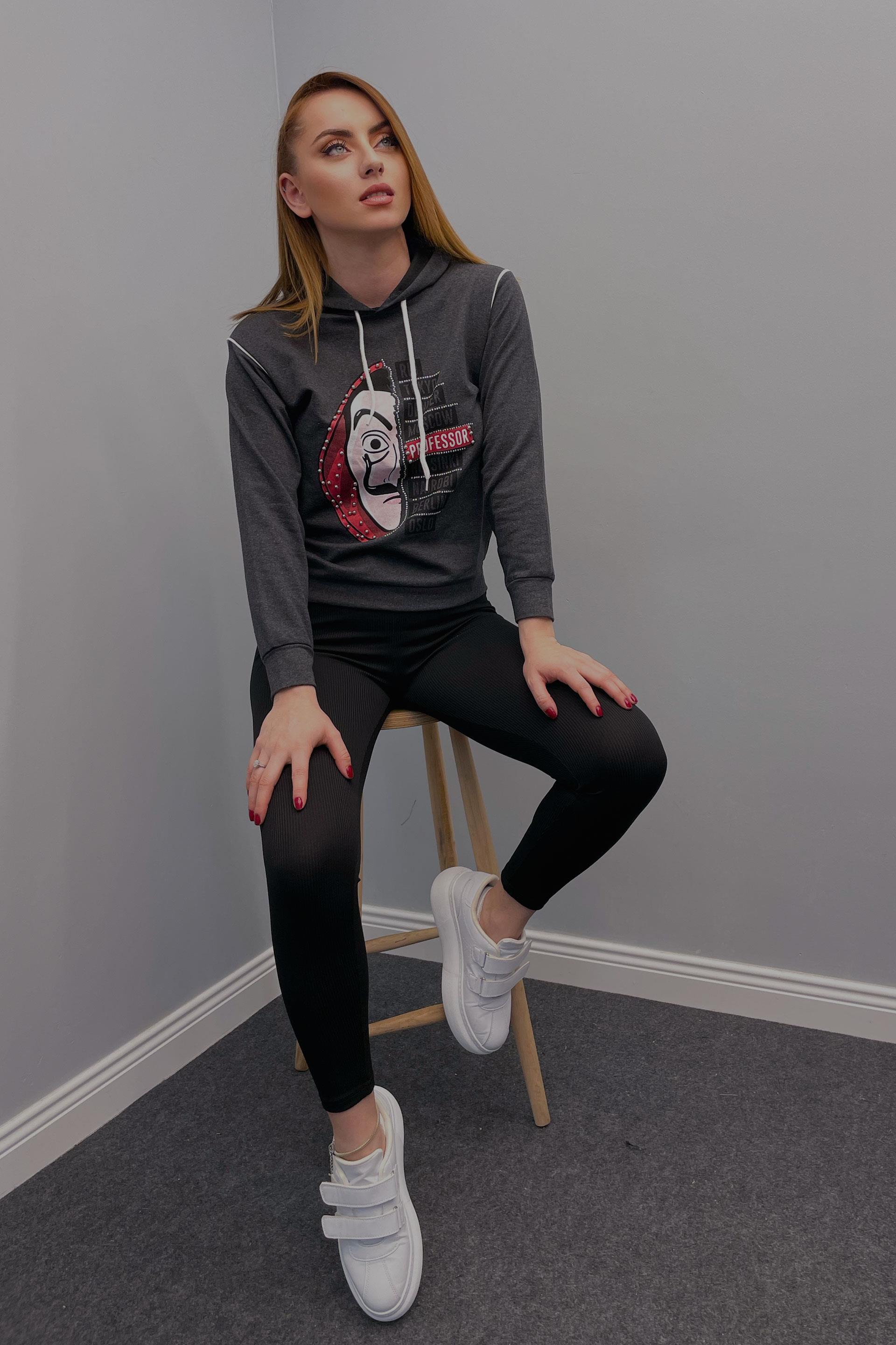 Sweatshirt Kadın La Casa De Papel Baskılı Kapüşonlu Sweatshirt Antrasit