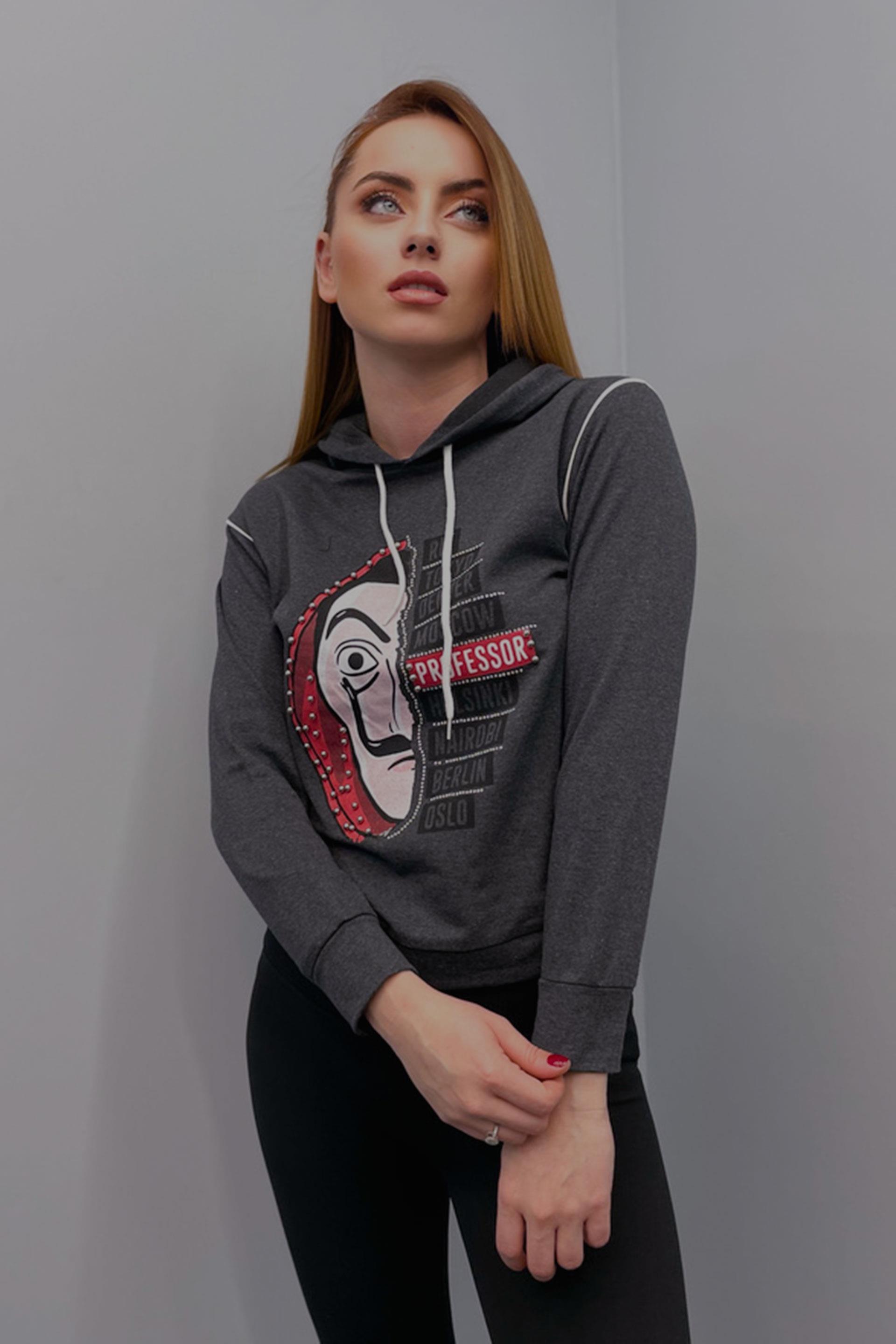 Sweatshirt Kadın La Casa De Papel Baskılı Kapüşonlu Sweatshirt Antrasit