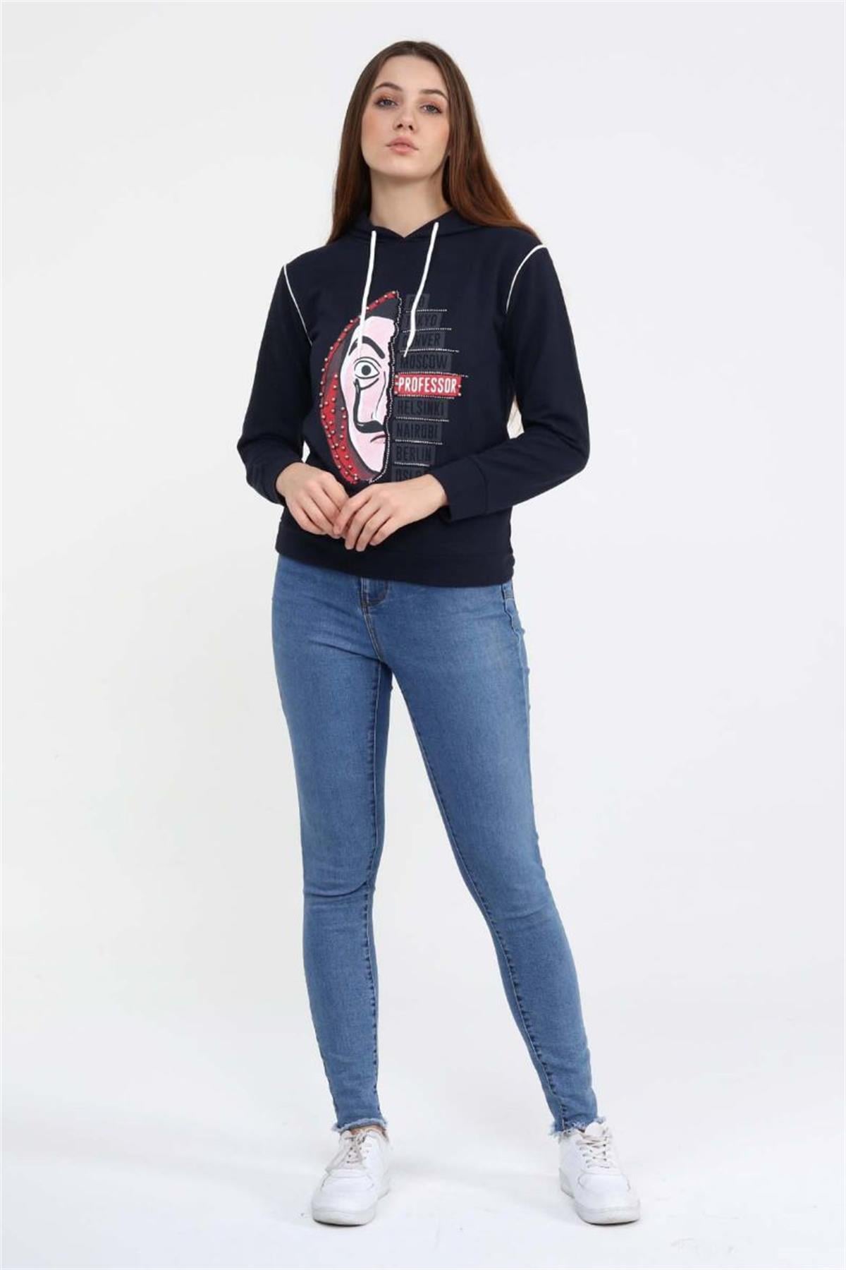 Sweatshirt Kadın La Casa De Papel Baskılı Kapüşonlu Sweatshirt Lacivert