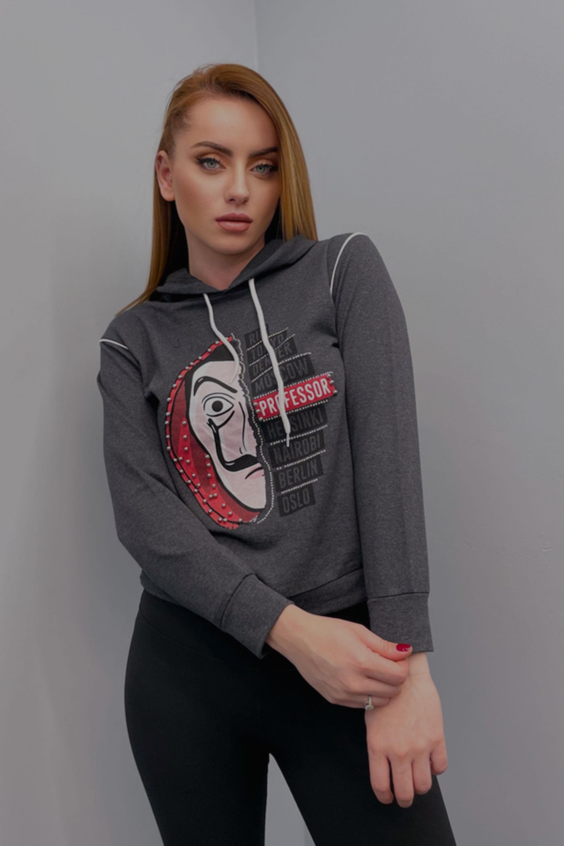 Sweatshirt Kadın La Casa De Papel Baskılı Kapüşonlu Sweatshirt Antrasit