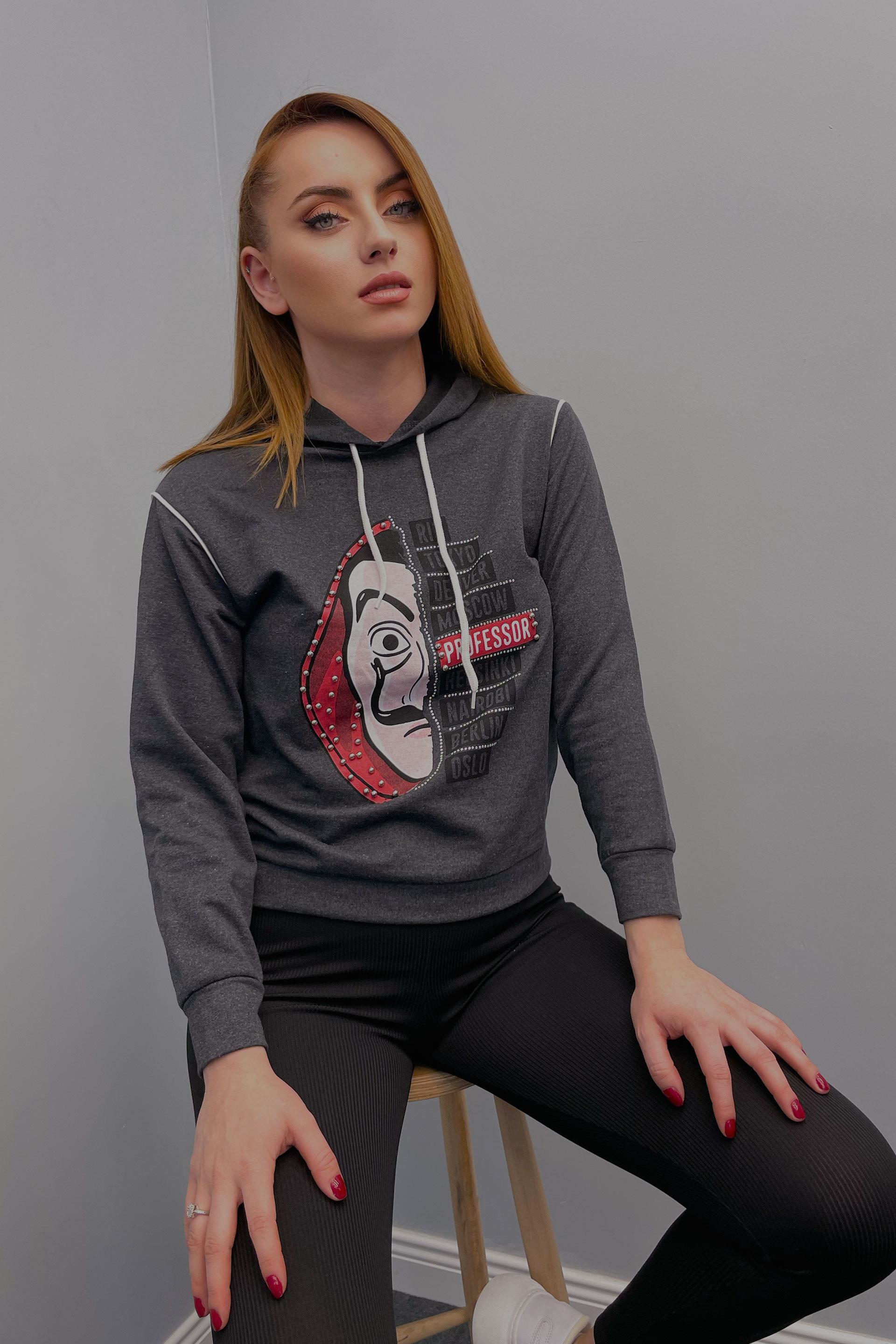 Sweatshirt Kadın La Casa De Papel Baskılı Kapüşonlu Sweatshirt Antrasit