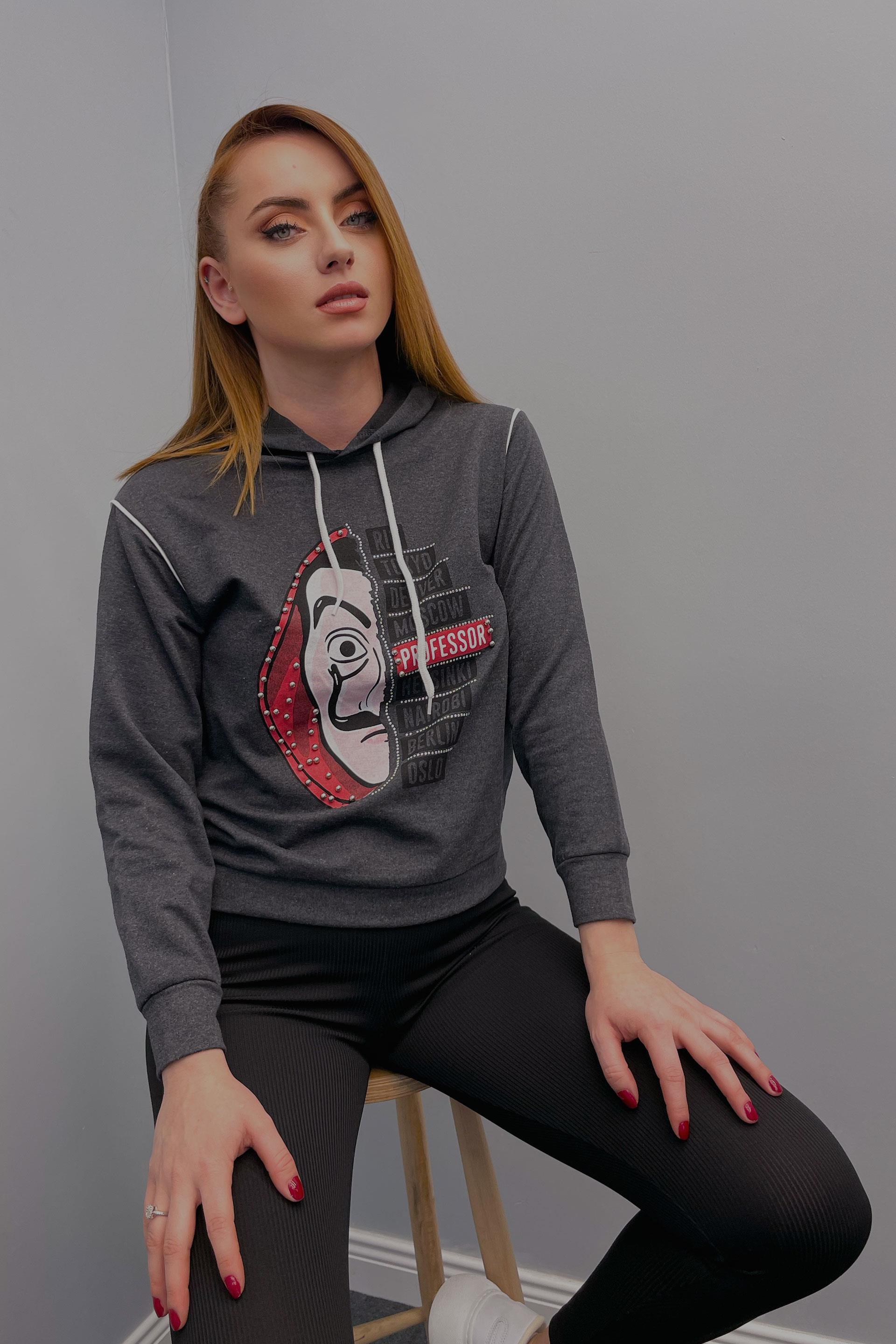 Sweatshirt Kadın La Casa De Papel Baskılı Kapüşonlu Sweatshirt Antrasit