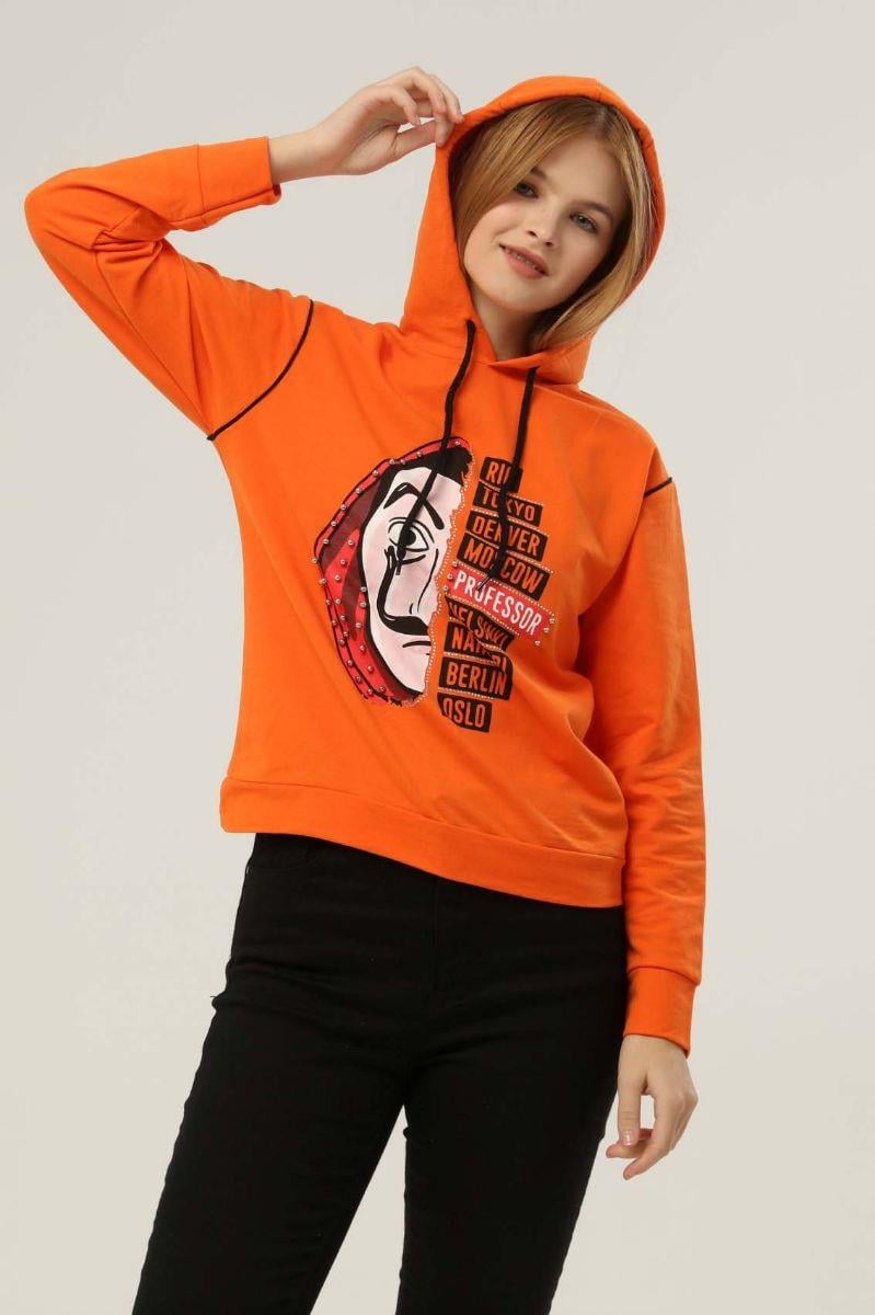 Sweatshirt Kadın La Casa De Papel Baskılı Kapüşonlu Sweatshirt Turuncu