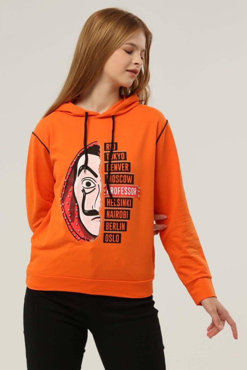 Sweatshirt Kadın La Casa De Papel Baskılı Kapüşonlu Sweatshirt Turuncu