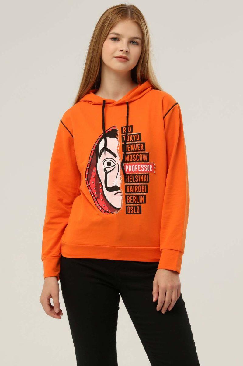 Sweatshirt Kadın La Casa De Papel Baskılı Kapüşonlu Sweatshirt Turuncu