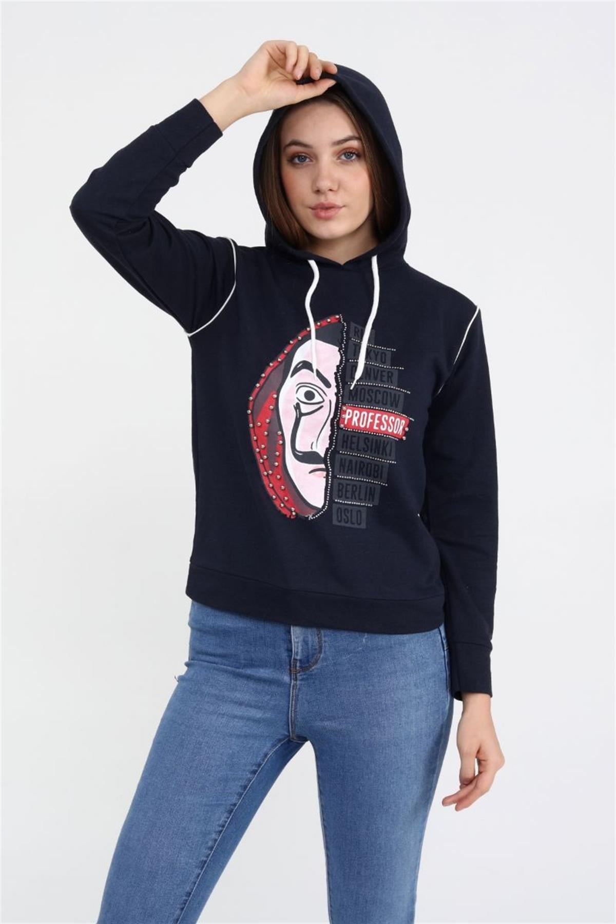 Sweatshirt Kadın La Casa De Papel Baskılı Kapüşonlu Sweatshirt Lacivert
