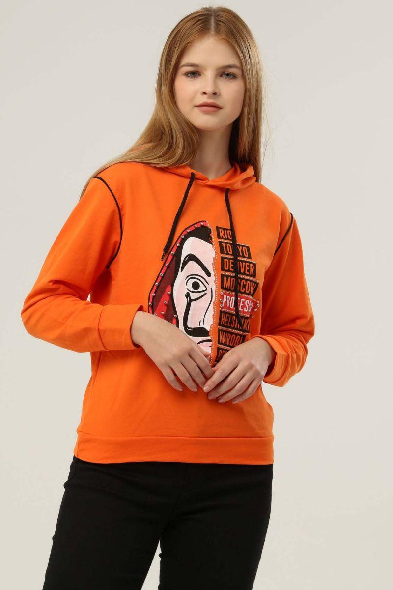 Sweatshirt Kadın La Casa De Papel Baskılı Kapüşonlu Sweatshirt Turuncu