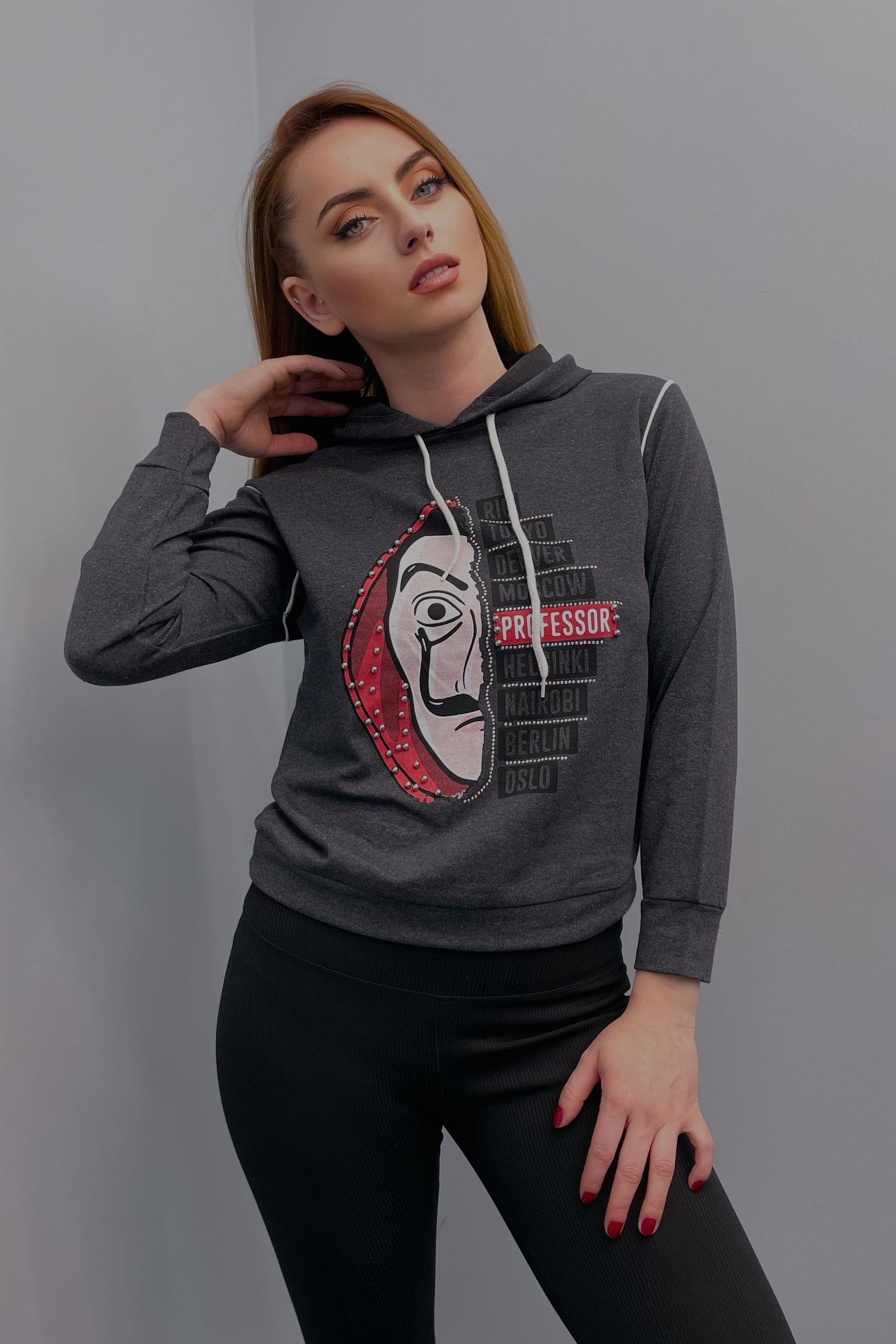 Sweatshirt Kadın La Casa De Papel Baskılı Kapüşonlu Sweatshirt Antrasit