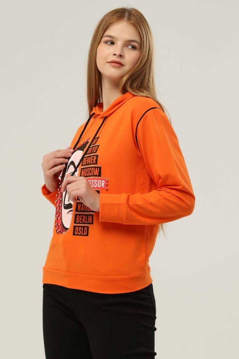 Sweatshirt Kadın La Casa De Papel Baskılı Kapüşonlu Sweatshirt Turuncu