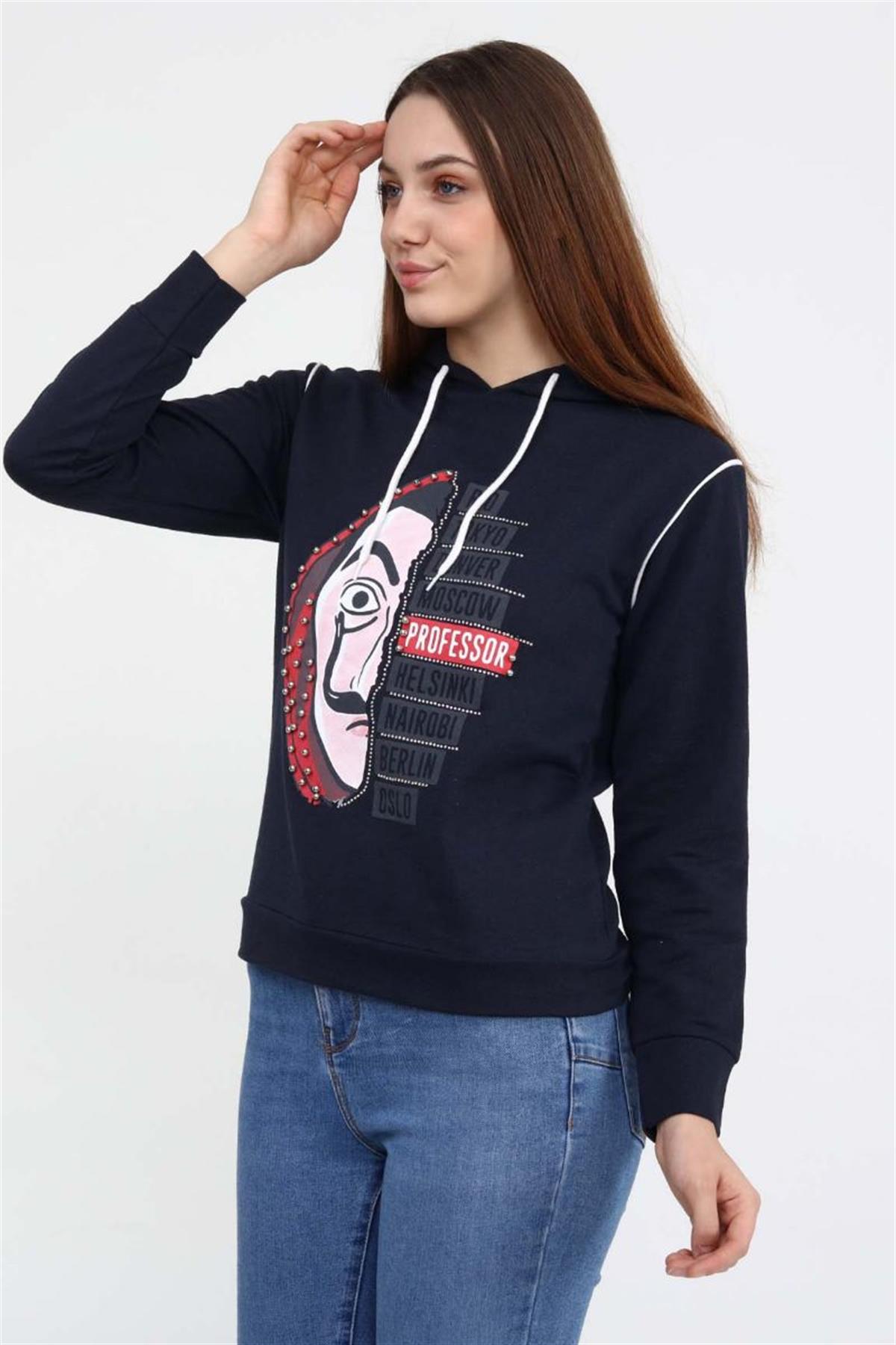 Sweatshirt Kadın La Casa De Papel Baskılı Kapüşonlu Sweatshirt Lacivert