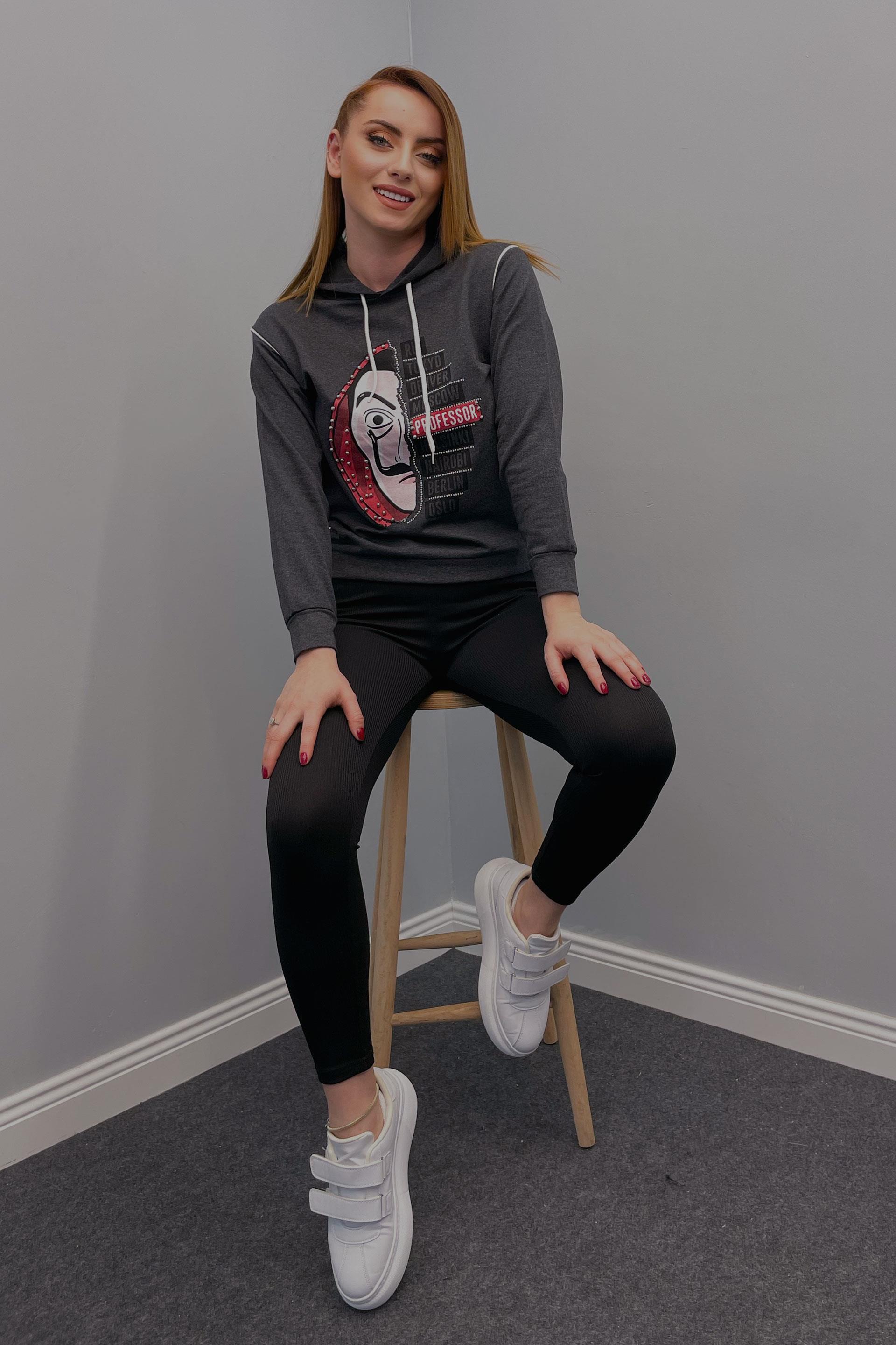 Sweatshirt Kadın La Casa De Papel Baskılı Kapüşonlu Sweatshirt Antrasit