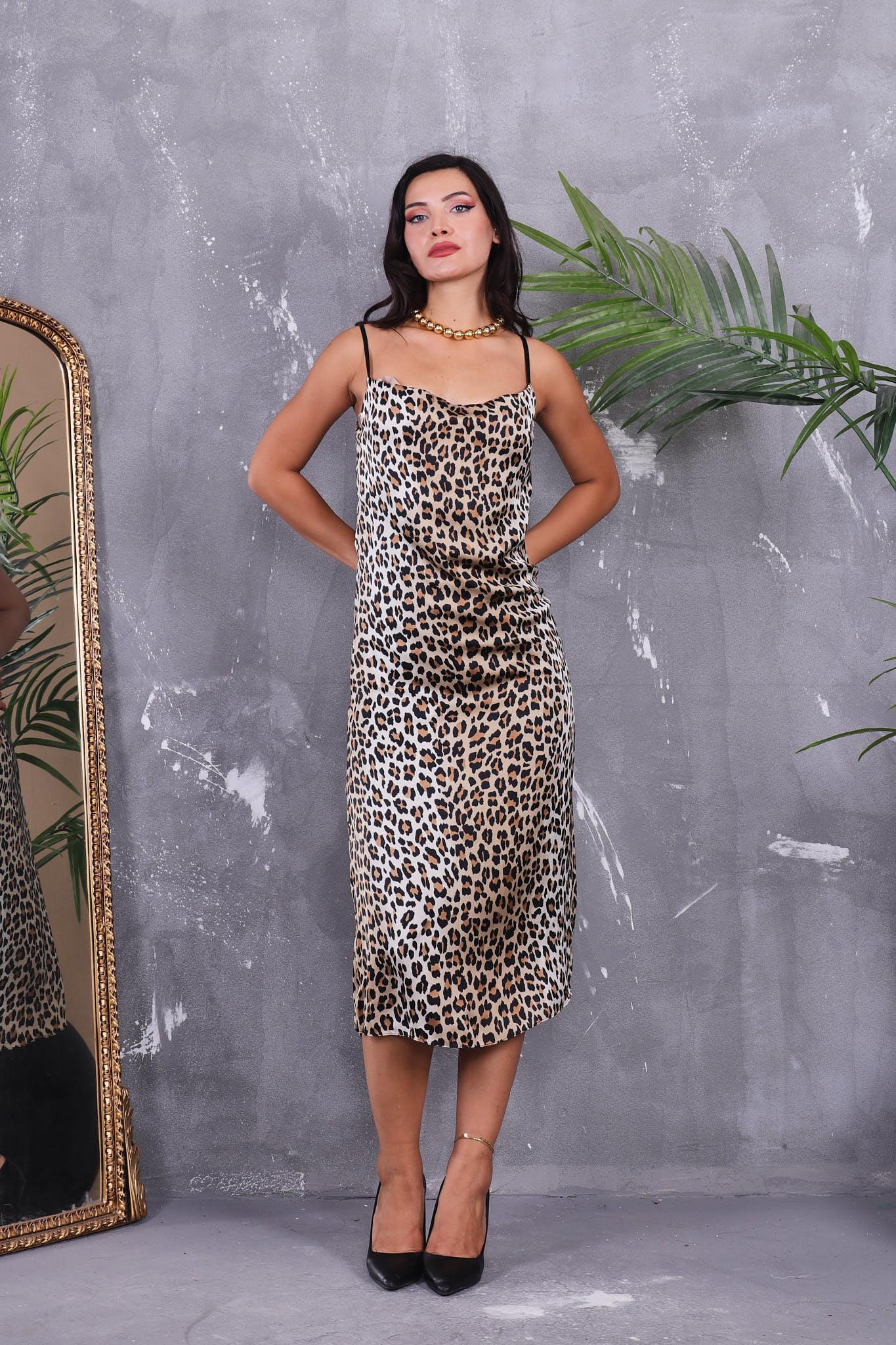 Elbise Kadın Leopar Desenli Saten Elbise Leopar