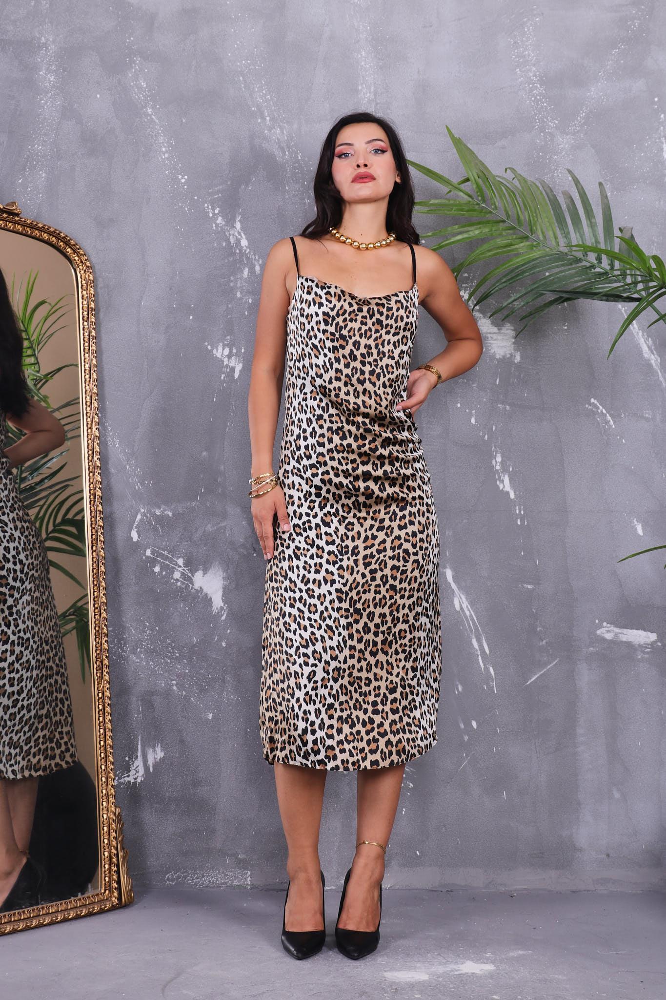 Elbise Kadın Leopar Desenli Saten Elbise Leopar