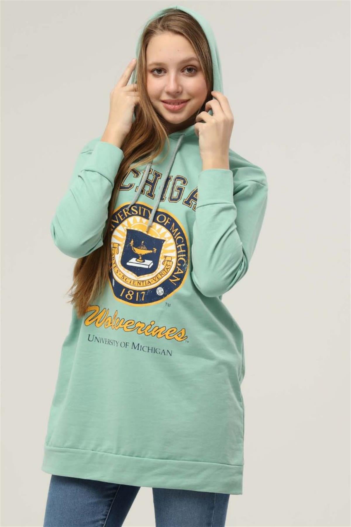 Sweatshirt Kadın Mıchıgan Baskılı Kapüşonlu Sweatshirt Mint Yeşili