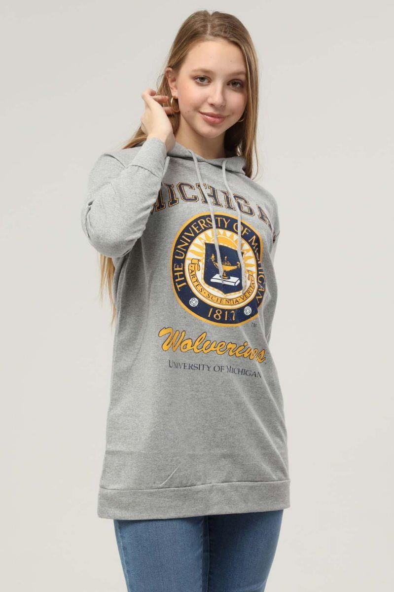Sweatshirt Kadın Mıchıgan Baskılı Kapüşonlu Sweatshirt Gri