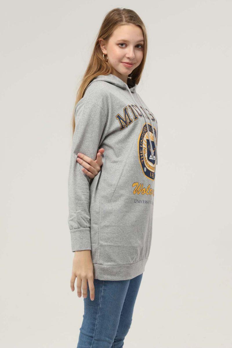 Sweatshirt Kadın Mıchıgan Baskılı Kapüşonlu Sweatshirt Gri