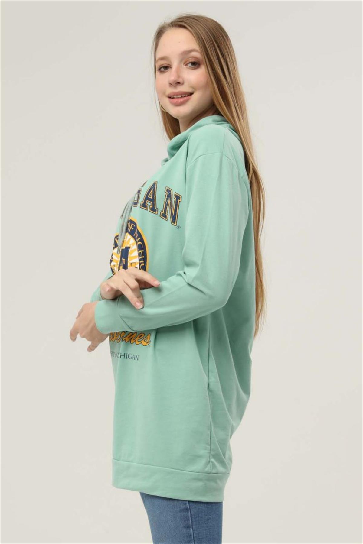 Sweatshirt Kadın Mıchıgan Baskılı Kapüşonlu Sweatshirt Mint Yeşili