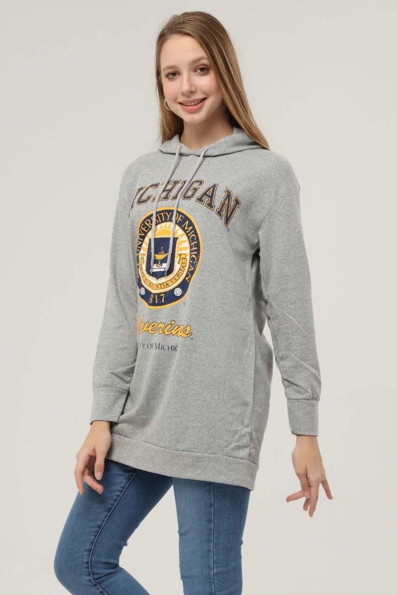 Sweatshirt Kadın Mıchıgan Baskılı Kapüşonlu Sweatshirt Gri