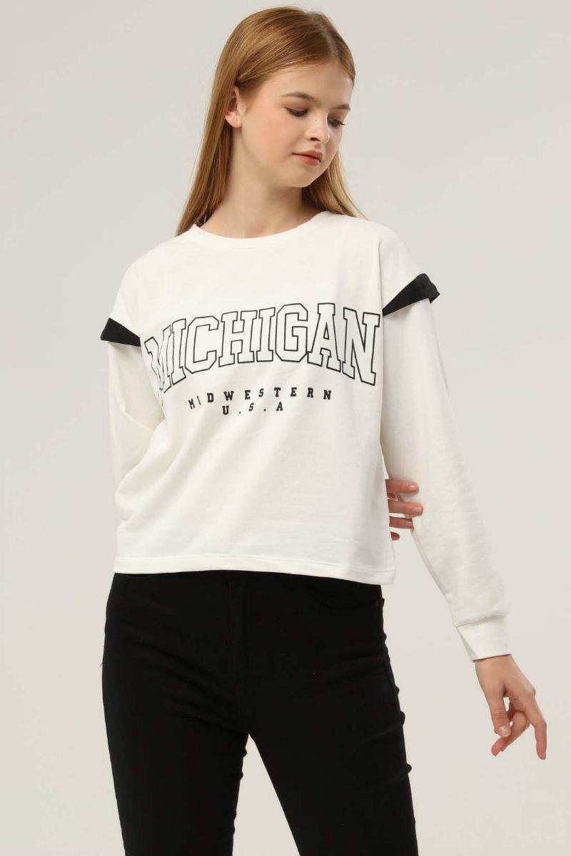 Sweatshirt Kadın Michigon Baskılı Sweatshirt Ekru