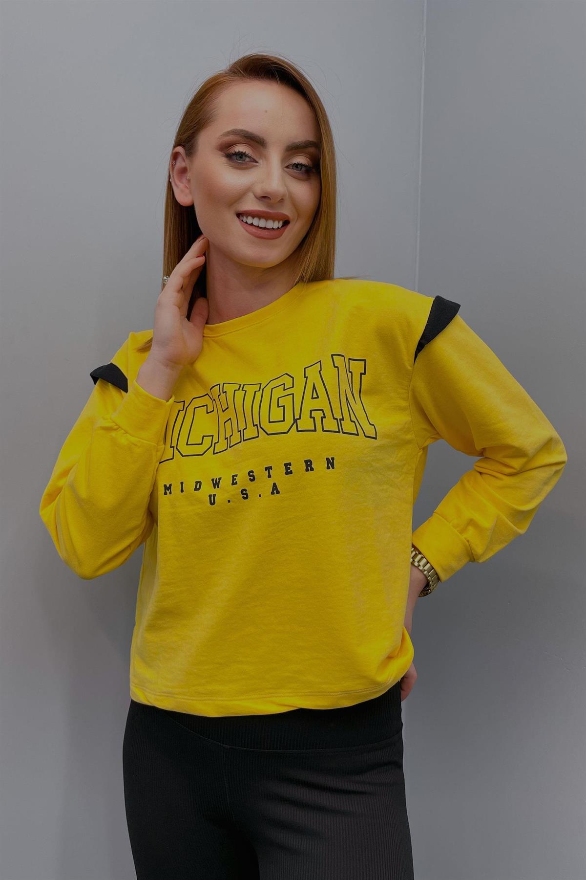 Sweatshirt Kadın Michigon Baskılı Sweatshirt Sarı