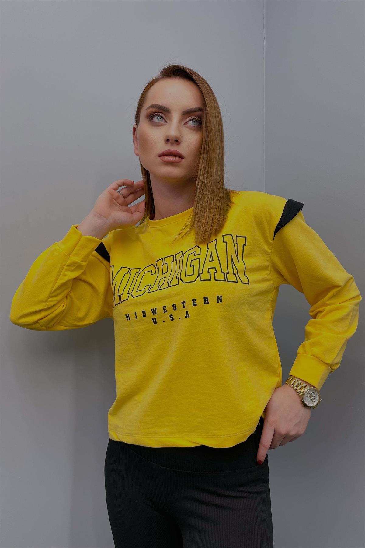 Sweatshirt Kadın Michigon Baskılı Sweatshirt Sarı