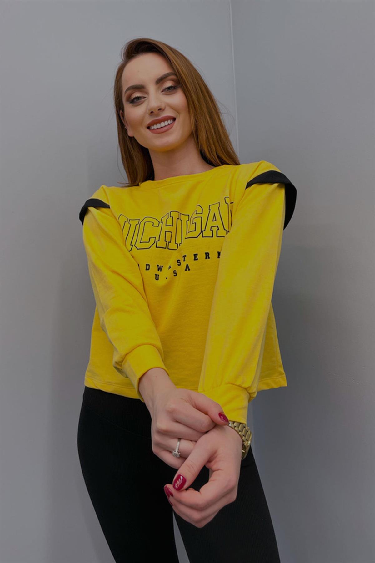 Sweatshirt Kadın Michigon Baskılı Sweatshirt Sarı