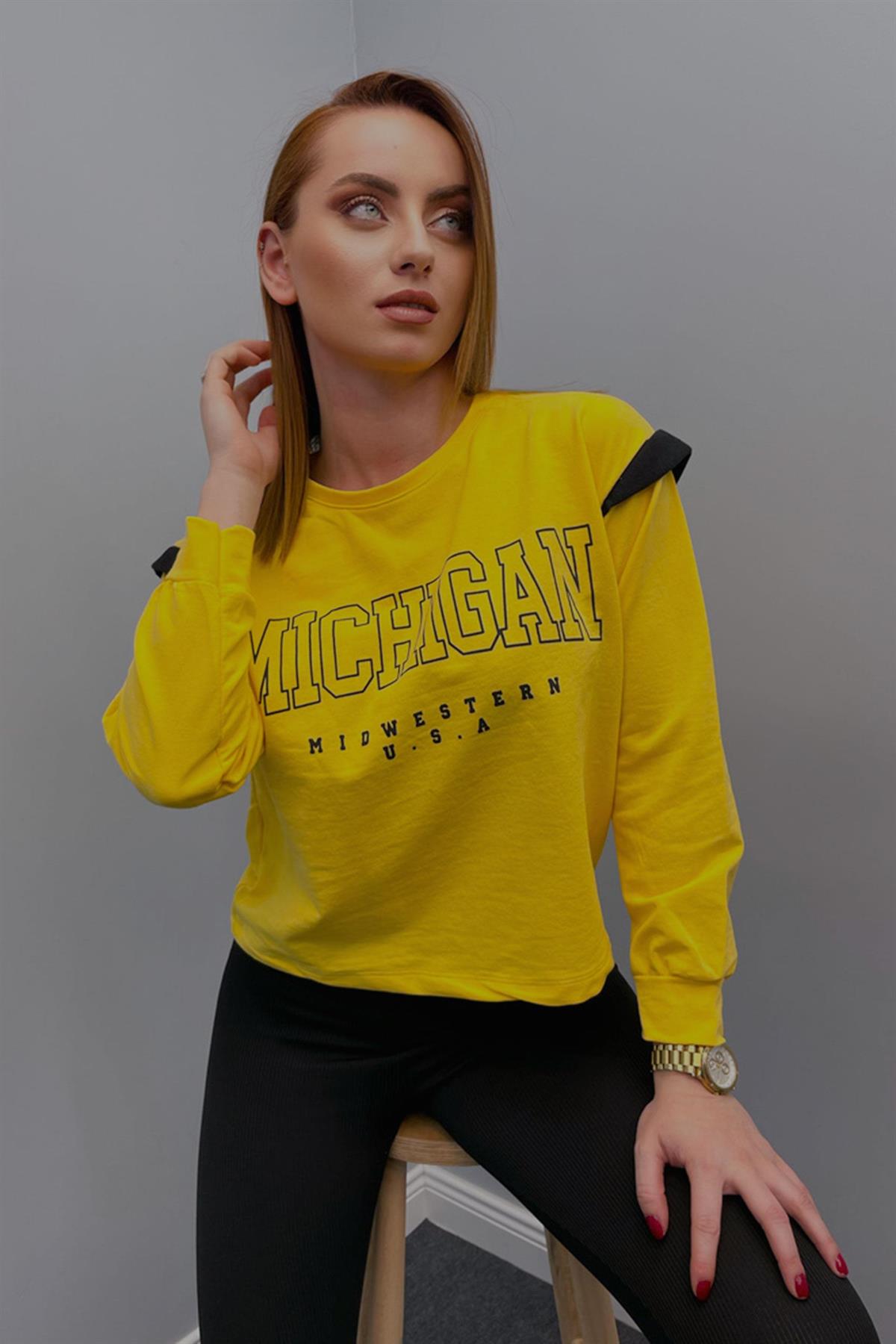 Sweatshirt Kadın Michigon Baskılı Sweatshirt Sarı