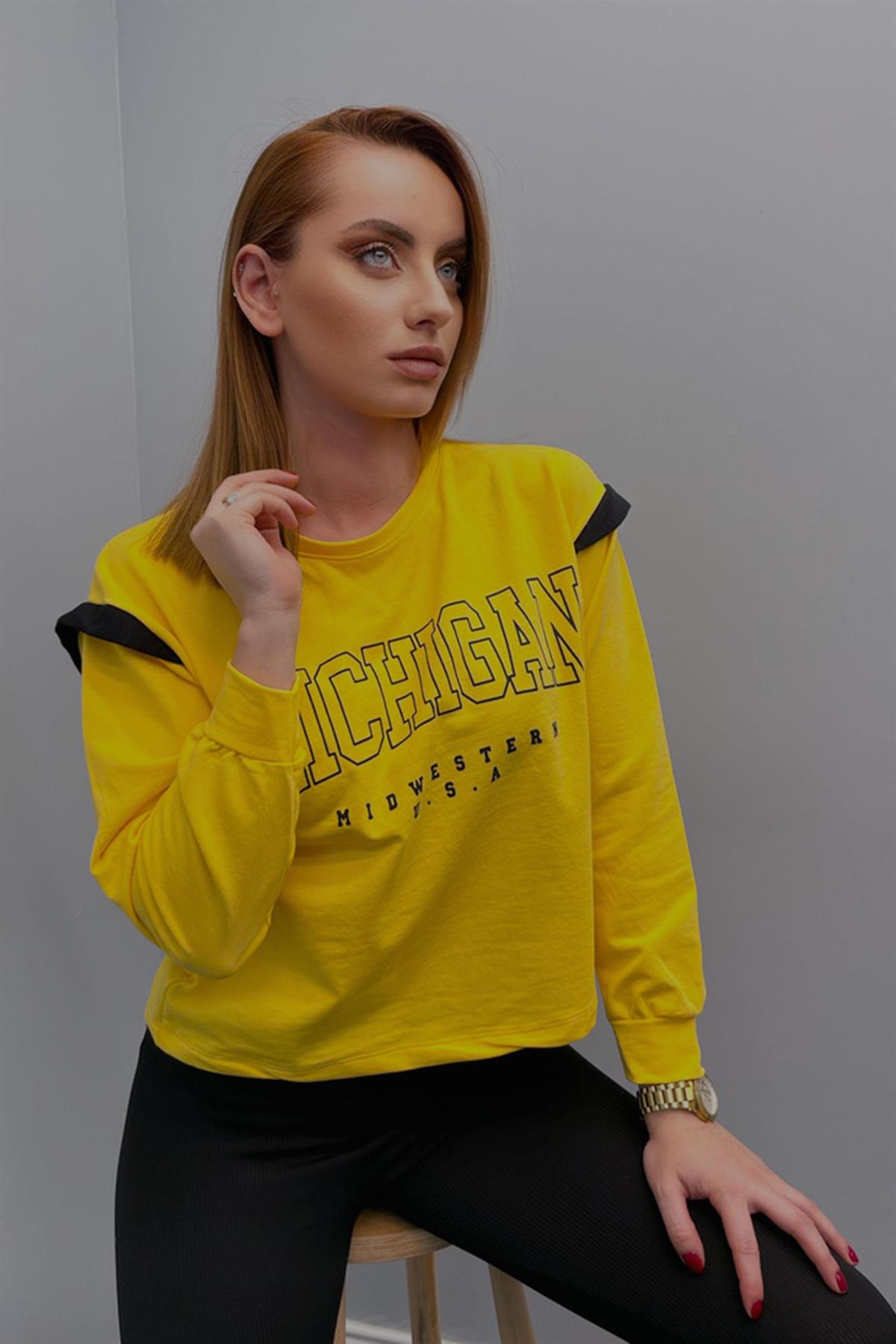 Sweatshirt Kadın Michigon Baskılı Sweatshirt Sarı