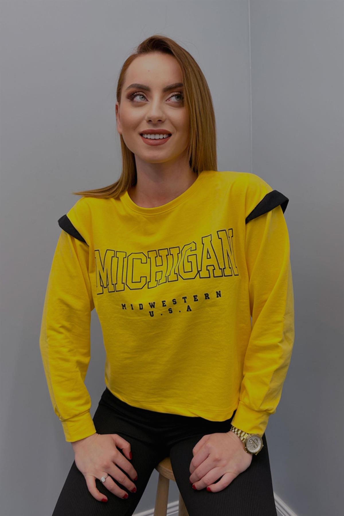 Sweatshirt Kadın Michigon Baskılı Sweatshirt Sarı
