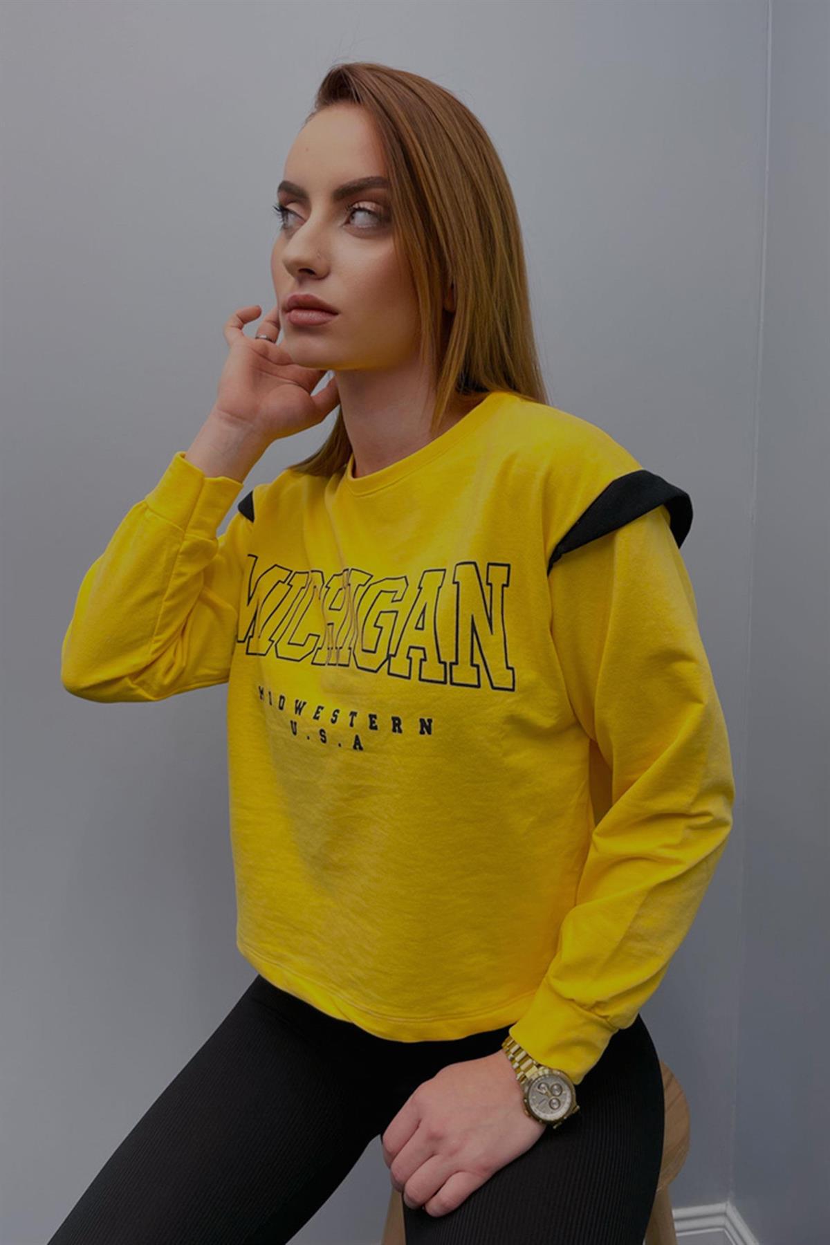 Sweatshirt Kadın Michigon Baskılı Sweatshirt Sarı