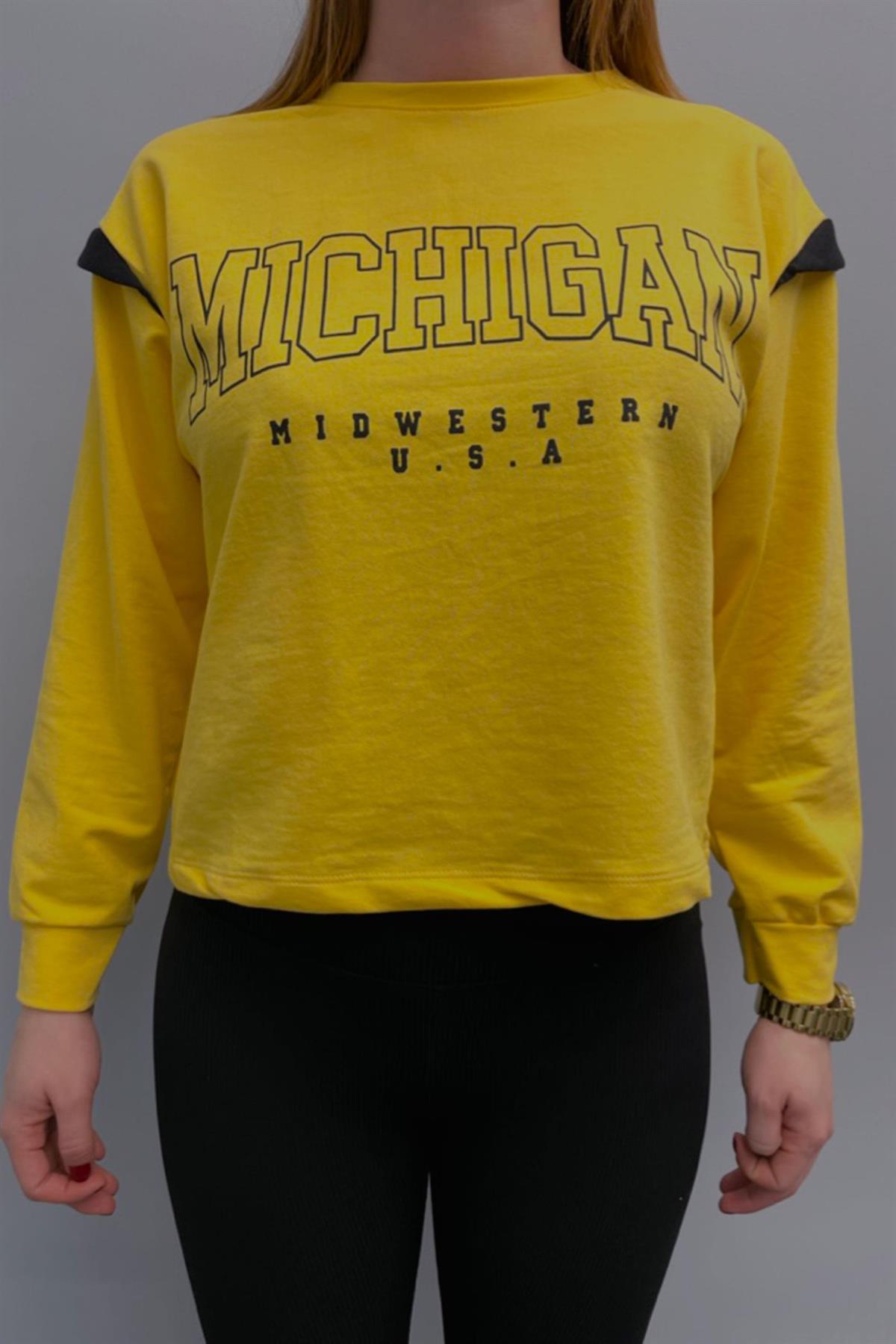 Sweatshirt Kadın Michigon Baskılı Sweatshirt Sarı
