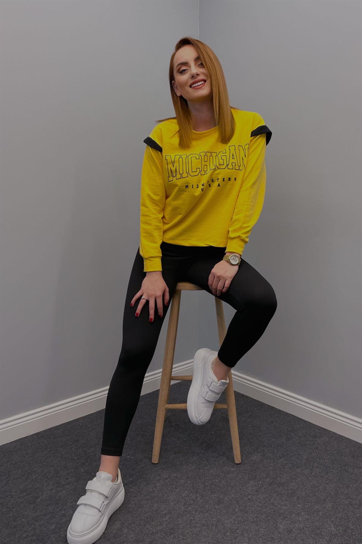 Sweatshirt Kadın Michigon Baskılı Sweatshirt Sarı