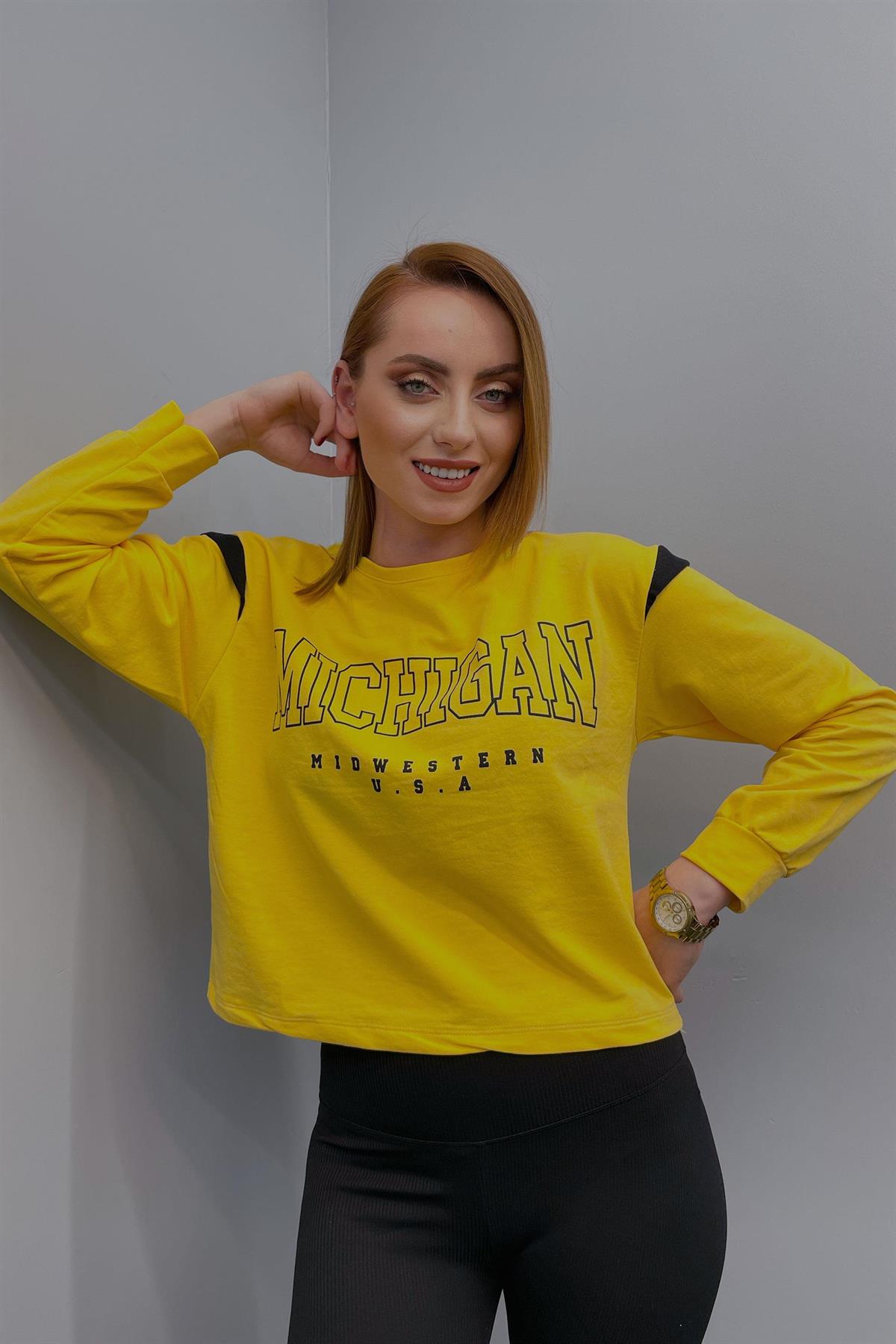 Sweatshirt Kadın Michigon Baskılı Sweatshirt Sarı