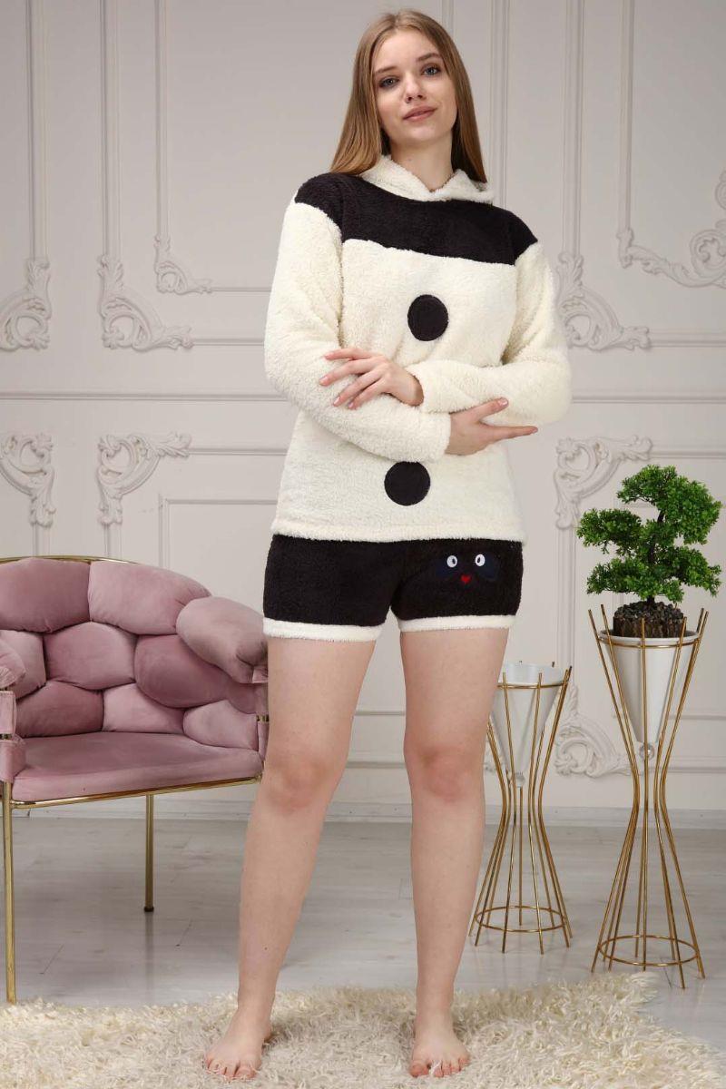 Pijama Takımı Kadın Nakışlı Soft Polar Şortlu Pijama Takımı Beyaz
