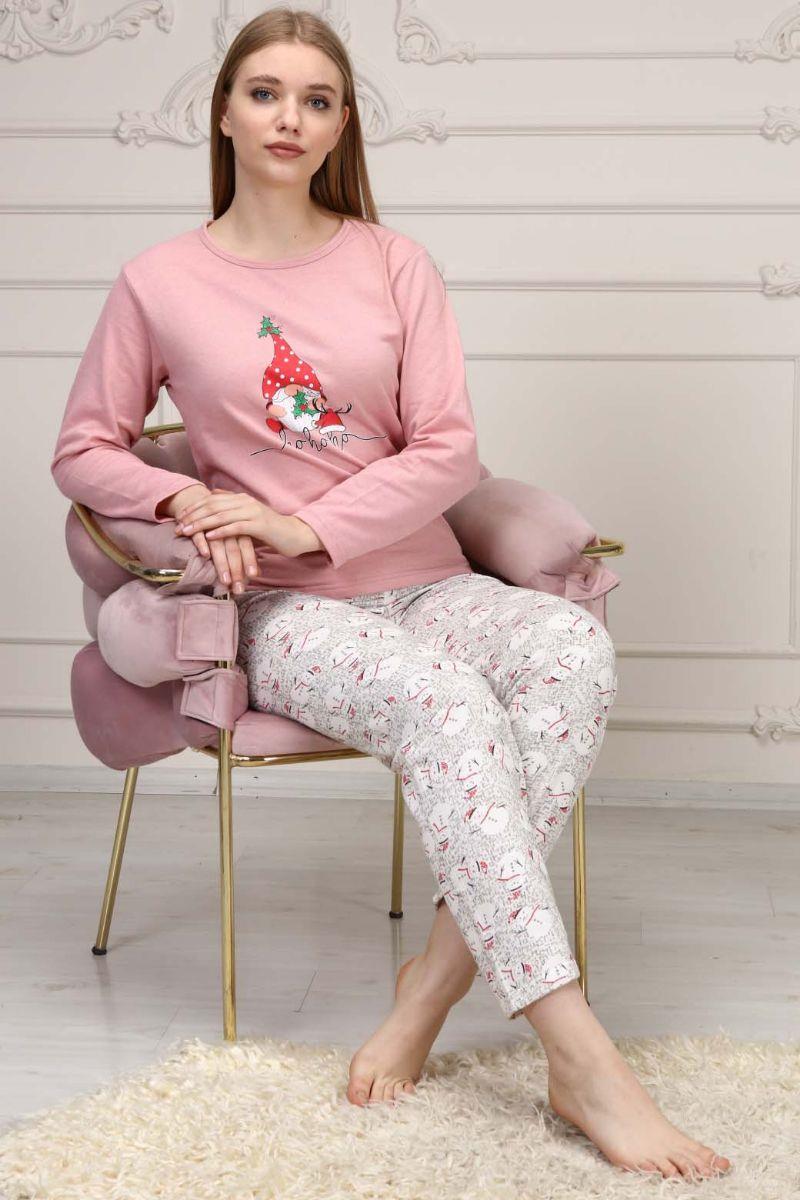 Pijama Takımı Kadın Noel Baskılı Şardonlu Yılbaşı Konsepti Pijama Takımı Pembe