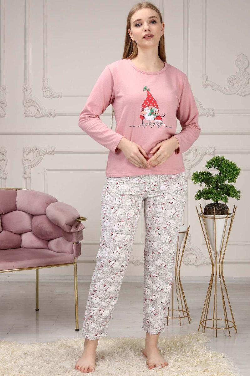 Pijama Takımı Kadın Noel Baskılı Şardonlu Yılbaşı Konsepti Pijama Takımı Pembe