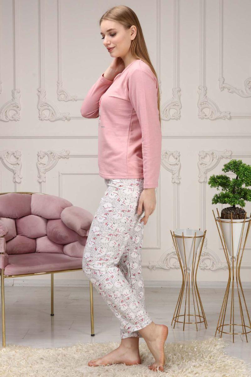 Pijama Takımı Kadın Noel Baskılı Şardonlu Yılbaşı Konsepti Pijama Takımı Pembe