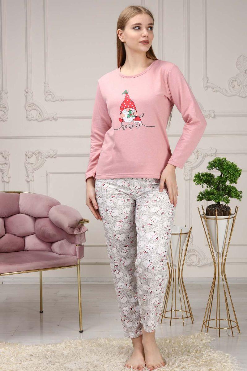 Pijama Takımı Kadın Noel Baskılı Şardonlu Yılbaşı Konsepti Pijama Takımı Pembe