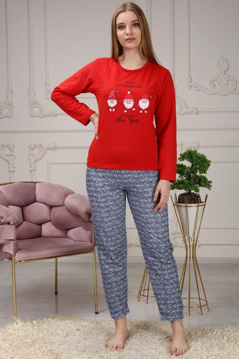 Pijama Takımı Kadın Noel Baskılı Yılbaşı Konsepti Şardonlu Pijama Takımı Kırmızı
