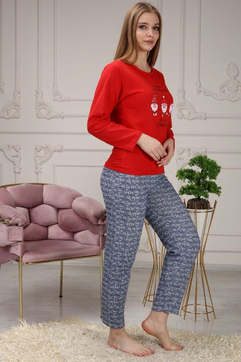 Pijama Takımı Kadın Noel Baskılı Yılbaşı Konsepti Şardonlu Pijama Takımı Kırmızı