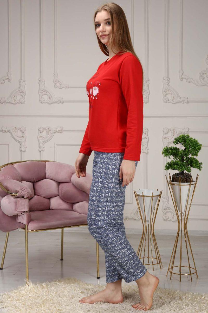 Pijama Takımı Kadın Noel Baskılı Yılbaşı Konsepti Şardonlu Pijama Takımı Kırmızı