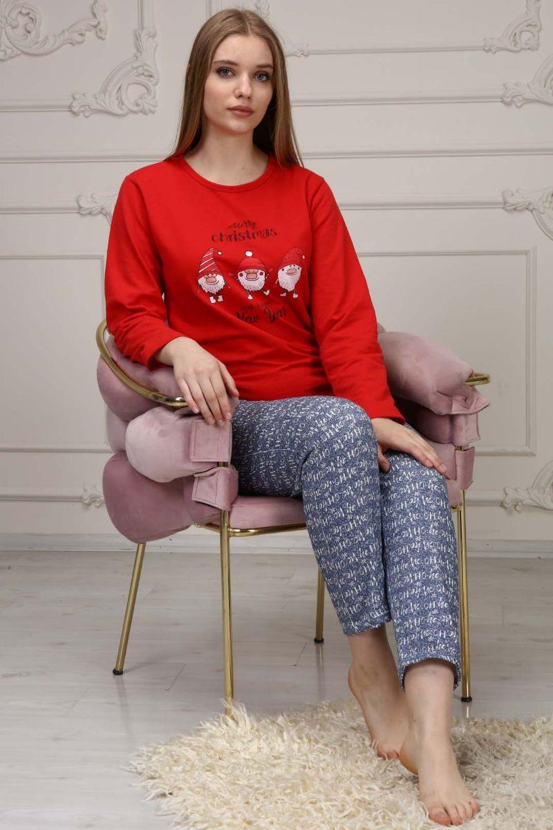 Pijama Takımı Kadın Noel Baskılı Yılbaşı Konsepti Şardonlu Pijama Takımı Kırmızı